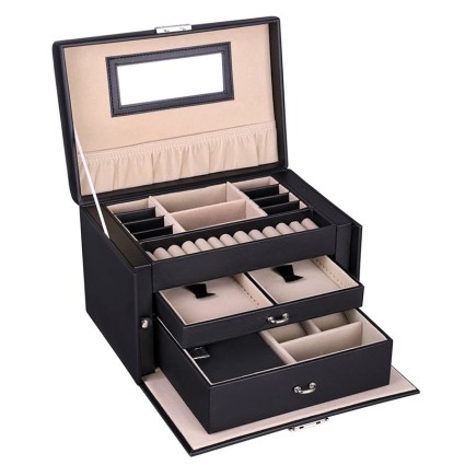 UNIQ XL Coffret à bijoux en cuir avec 20 compartiments et serrure - Noir